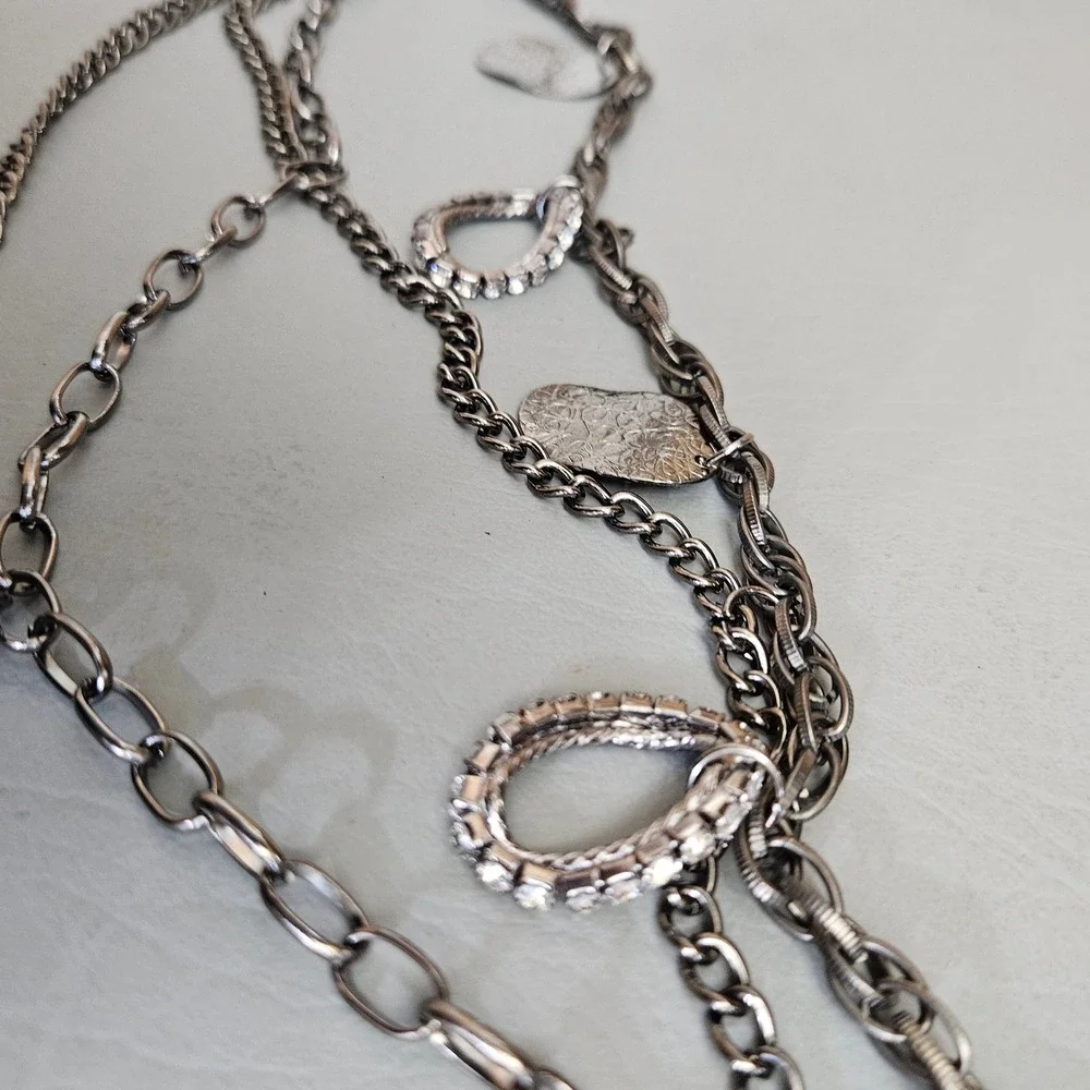 Gunmetal Multi Strand Chain Belt Rhinestone Textured Charms Adjustable 47 Inch
